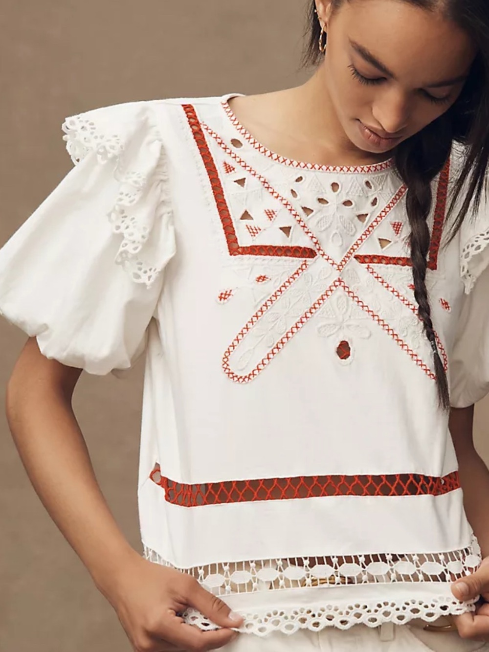 Anthropologie White Eyelet Blouse with Rust Embroidery